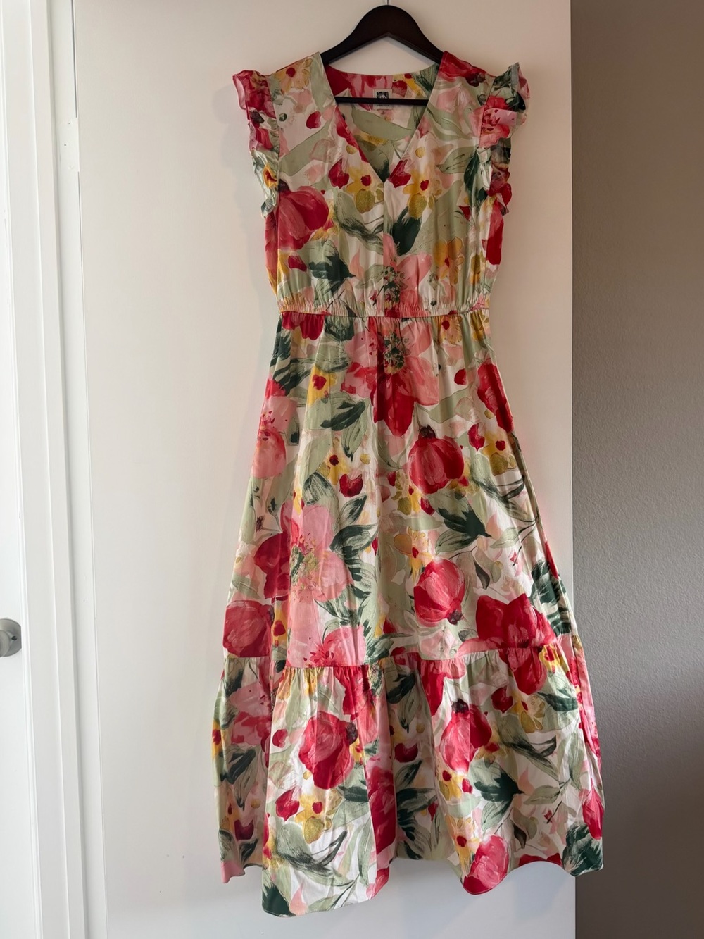 Anne Klein Cream Maxi Dress with Red and Pink Floral Print